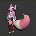 Game And Movie Character With Pink And Blue Hair Fox Ears And Large Pink Tail