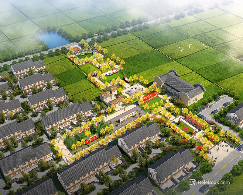 Terraced Townhouses Surrounded By Green Fields And Lake In Scenic Residential Area 3d model 
