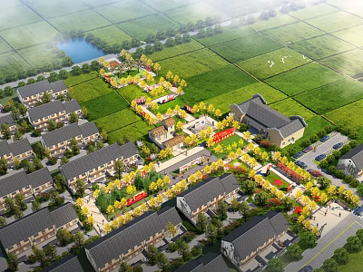 Terraced Townhouses Surrounded By Green Fields And Lake In Scenic Residential Area 3d model