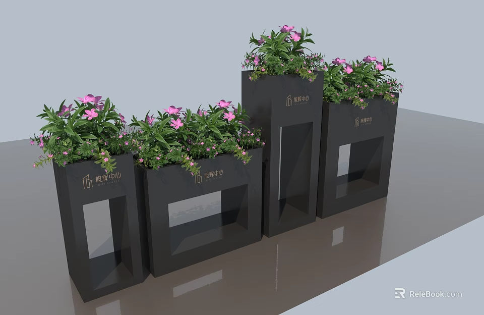 Black Garden Planters With Pink Flowering Plants And Brand Logo Decor 3d model 