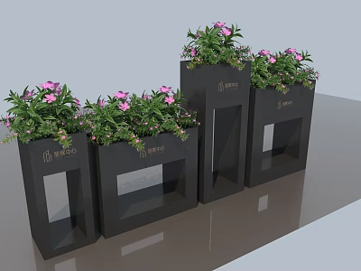 Black Garden Planters With Pink Flowering Plants And Brand Logo Decor 3d model