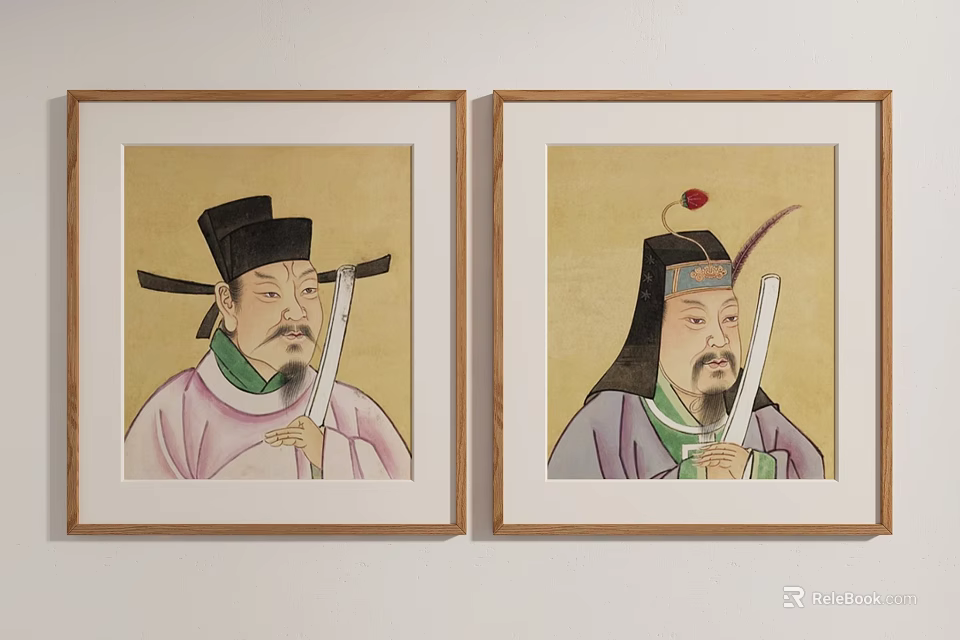 Two Framed Ancient Chinese Figure Paintings With Traditional Costumes And Hats 3d model 