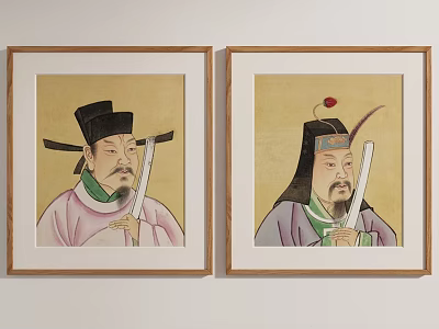 Two Framed Ancient Chinese Figure Paintings With Traditional Costumes And Hats 3d model