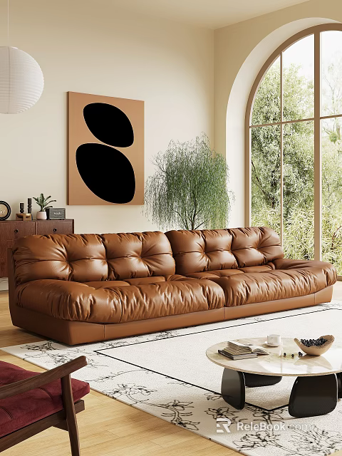 Brown Leather Tufted Sectional Sofa In Living Room With Plant Window And Wall Art 3d model 