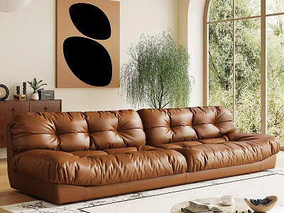 Brown Leather Tufted Sectional Sofa In Living Room With Plant Window And Wall Art 3d model