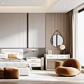 Modern Bedroom Interior With Neutral Headboard White Sculptural Wall Decor Warm Pillows And Potted Plant