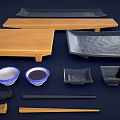 Tableware Set Featuring Wooden Trays Ceramic Bowls Chopsticks and Small Dishes