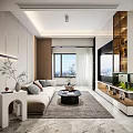 Modern Living Dining Room Interior With White Sofa Coffee Table Green Plant And TV Wall
