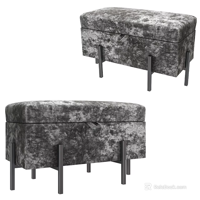 Gray Velvet Storage Ottoman With Metal Legs Modern Design Furniture 3d model 