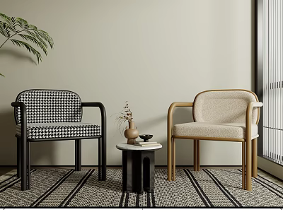 Modern Table and Chair Combination with Black White Houndstooth Beige Fabric Chairs Small Round Table 3d model