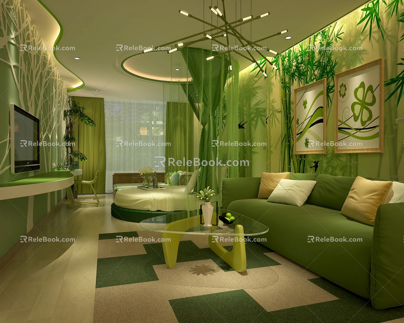 Modern Bamboo Forest Theme Hotel Single Apartment Hotel Room Round Bed 3d model