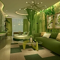 Modern Bamboo Forest Theme Hotel Single Apartment Hotel Room Round Bed 3d model