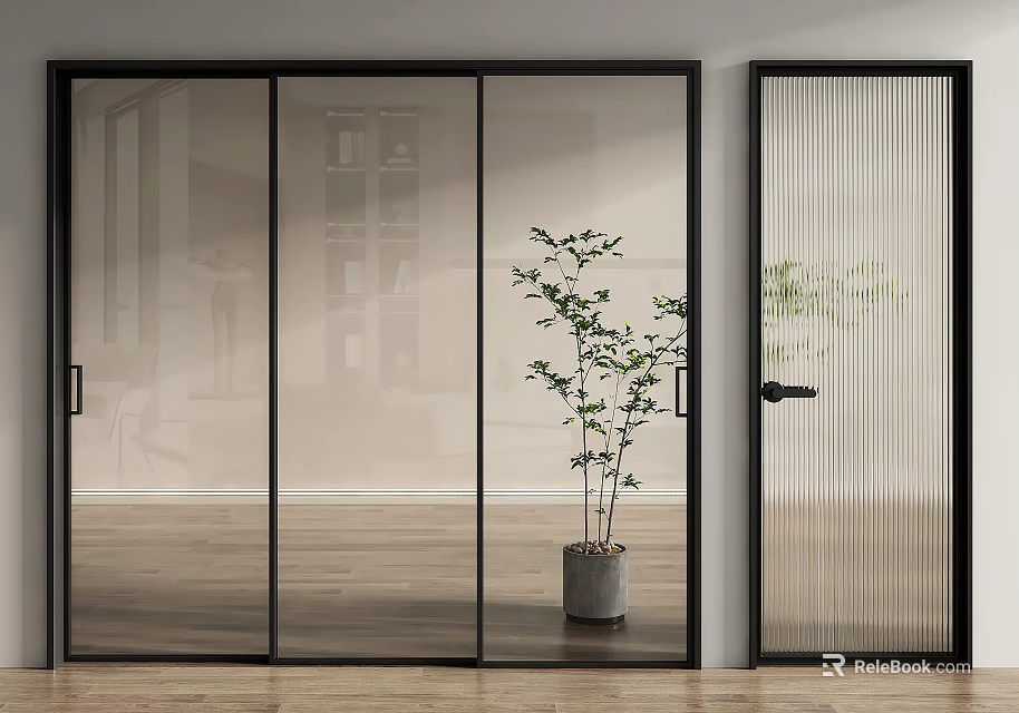 Modern Glass Doors Interior Design With Transparent Panels Vertical Stripes And Potted Plant 3d model 