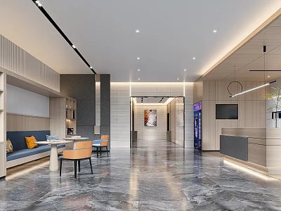 Modern Reception Area Interior Design With Reception Desk Sofa And Marble Floor 3d model