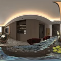 Modern Luxury Living And Dining Room With Black Leather Sofa And Green Marble Coffee Table
