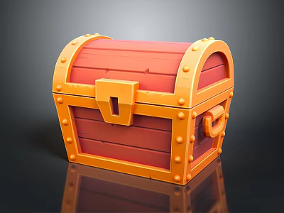 Red Wooden Treasure Chest With Orange Metal Rivets Lock And Handle 3d model