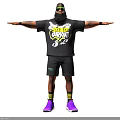 Man Wearing Black T-shirt Yellow Text Black Shorts Purple Shoes Hat Standing With Arms Outstretched