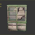 Old Cabinet With Glass Doors Drawers And Worn Vintage Style Appearance