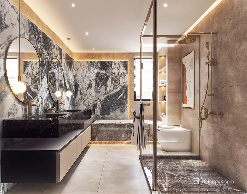 Elegant Modern Bathroom Interior With Marble Accents Double Vanity Bathtub And Glass Shower 3d model 