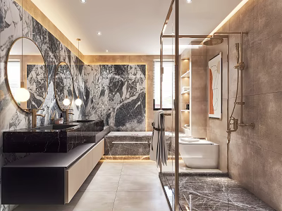 Elegant Modern Bathroom Interior With Marble Accents Double Vanity Bathtub And Glass Shower 3d model