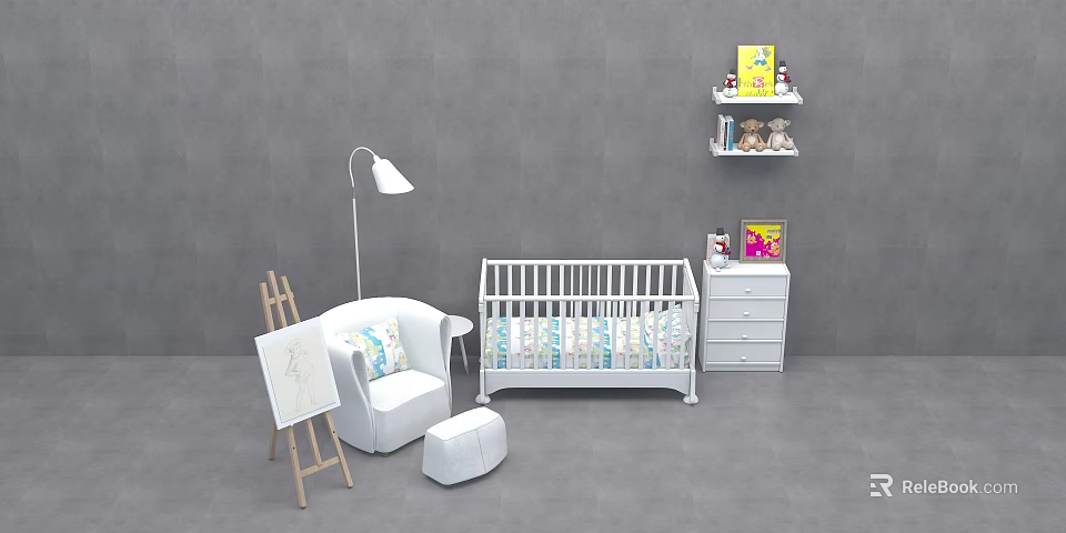 White Baby Crib In Cozy Nursery With Cushioned Chair Floor Lamp Easel And Toys 3d model 