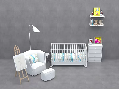 White Baby Crib In Cozy Nursery With Cushioned Chair Floor Lamp Easel And Toys 3d model