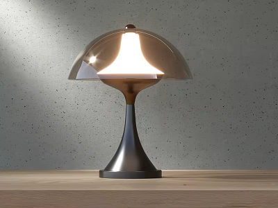 Metallic Dome Shade Table Lamp With Conical Base Illuminated On Wooden Tabletop Against Concrete Wall 3d model