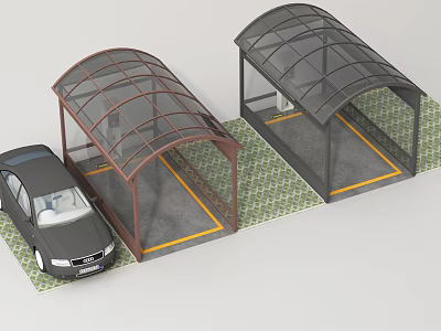 Modern Carport With Transparent Roof Black Car Yellow Lines And Green Ground 3d model