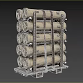 Military Weapons Cylindrical Artillery Shells Stacked on Wooden Rack for Storage