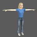 Woman in blue striped T-shirt and blue jeans with arms outstretched against gray background