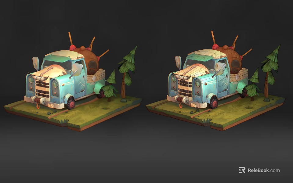 Cartoon Blue Truck With Ice Cream Cone Decorations Small Trees On Green Grass Base 3d model 