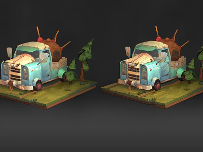 Cartoon Blue Truck With Ice Cream Cone Decorations Small Trees On Green Grass Base 3d model