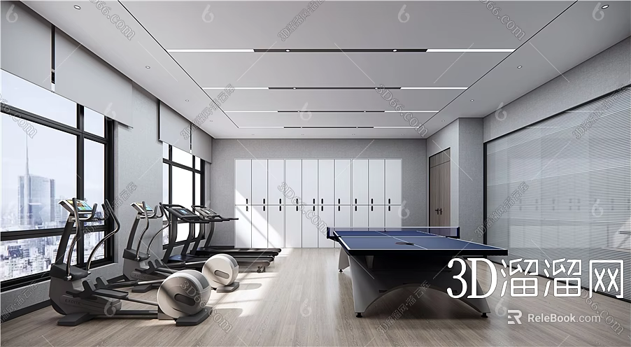 Modern Fitness Room With Treadmills Exercise Balls Ping Pong Table Lockers And Large Windows 3d model 