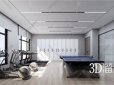 Modern Fitness Room With Treadmills Exercise Balls Ping Pong Table Lockers And Large Windows 3d model