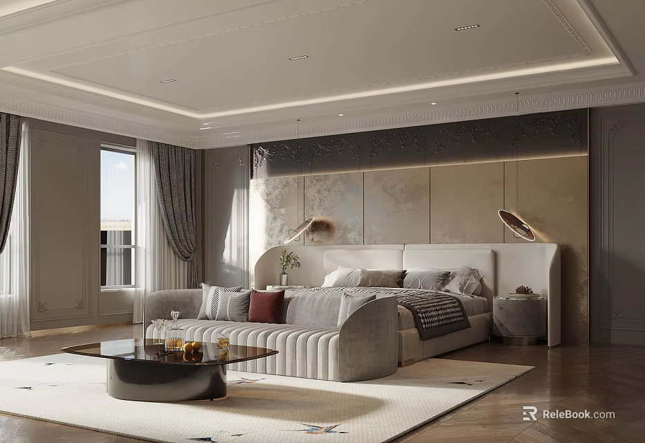 Elegant Modern Bedroom Interior Design With Large Bed Area Rug And Wall Paneling 3d model 