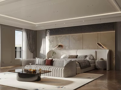 Elegant Modern Bedroom Interior Design With Large Bed Area Rug And Wall Paneling 3d model