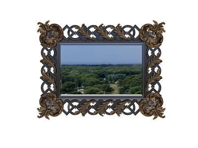 Ornate Decorative Mirror with Intricate Black and Gold Frame Reflecting Green Forest and Blue Sky 3d model
