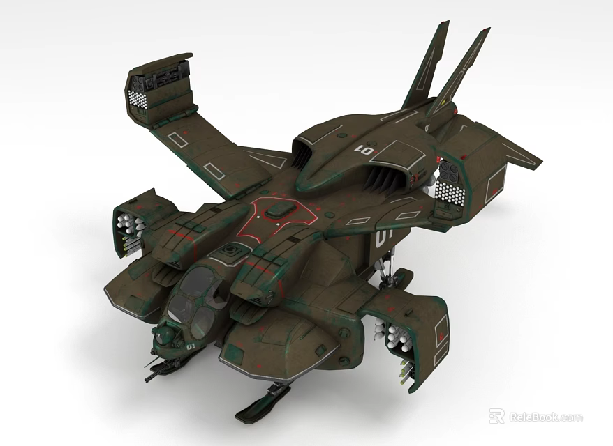 Futuristic Military Aircraft in Dark Green With Armored Details Multiple Wings And Weapon Systems 3d model 