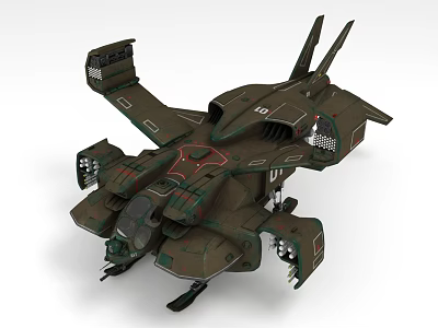 Futuristic Military Aircraft in Dark Green With Armored Details Multiple Wings And Weapon Systems 3d model