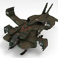 Futuristic Military Aircraft in Dark Green With Armored Details Multiple Wings And Weapon Systems