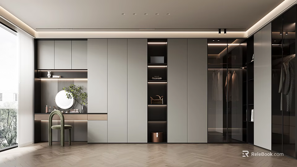 Modern Closet Interior With Cabinets Vanity And Plants 3d model