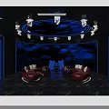Stylish KTV Interior with Red Sofas Blue Lighting Jellyfish Themed Wall and Black Marble Floor
