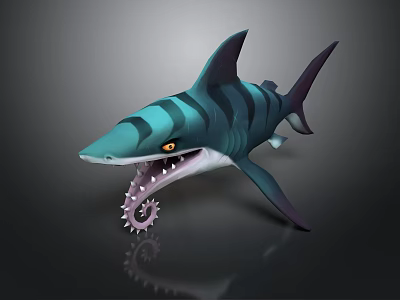 Cartoon Striped Shark With Teal Black Color Yellow Eyes And Gear Like Teeth 3d model