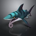 Cartoon Striped Shark With Teal Black Color Yellow Eyes And Gear Like Teeth
