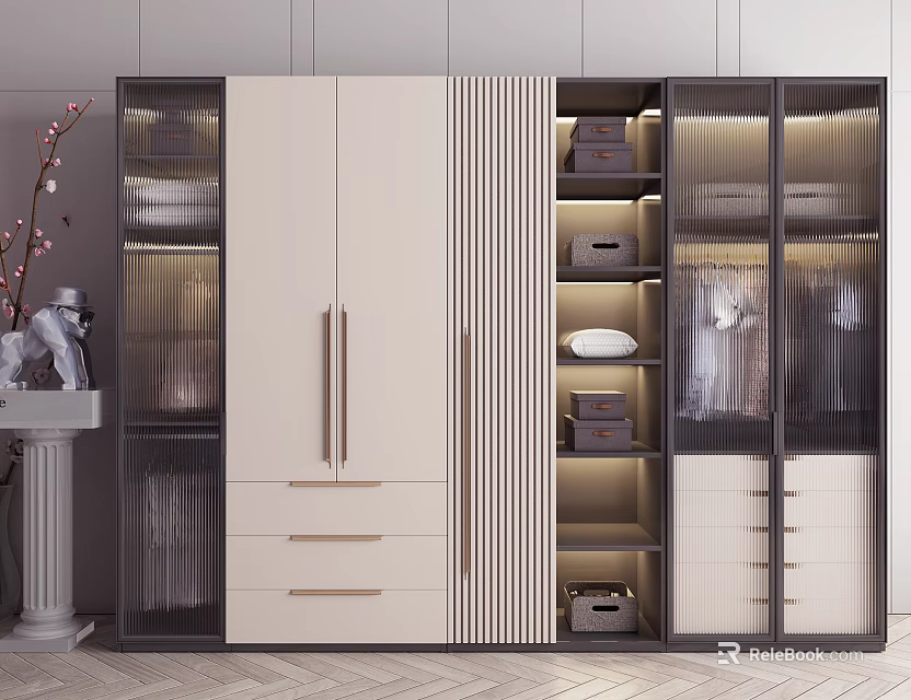 Modern Open Wardrobe Interior Design With Glass Doors Shelves And Beige Cabinets 3d model 