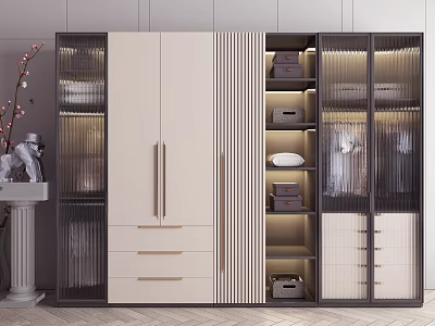 Modern Open Wardrobe Interior Design With Glass Doors Shelves And Beige Cabinets 3d model