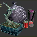 Dead Tree Branch On Blue Base With Purple Bag Red Cans And Purple Trash Bin