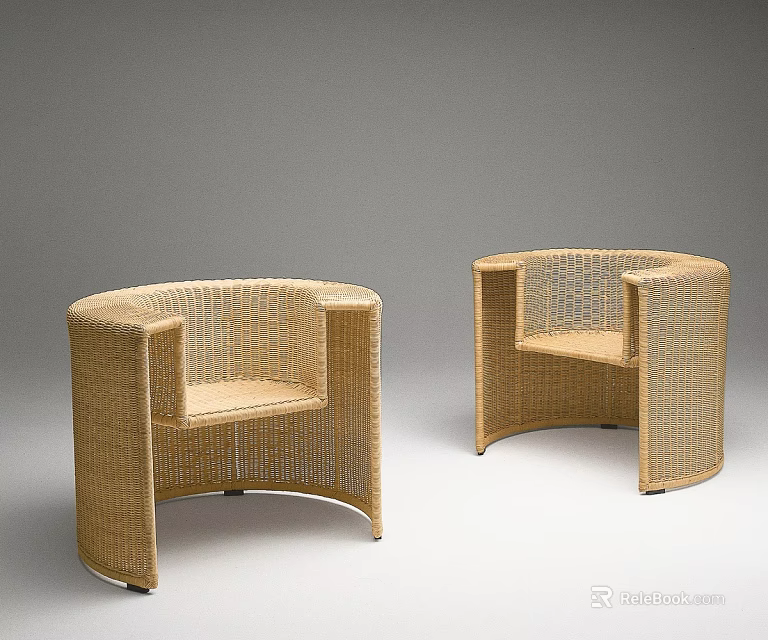 Pair Of Modern Rattan Leisure Chairs With Curved Armrests And Natural Rattan Finish 3d model 