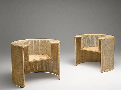 Pair Of Modern Rattan Leisure Chairs With Curved Armrests And Natural Rattan Finish 3d model