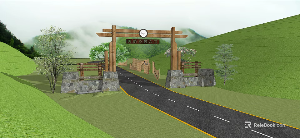 Wooden Entrance Gate With Welcome Sign In Scenic Hills Green Grass And Tree Surroundings 3d model 